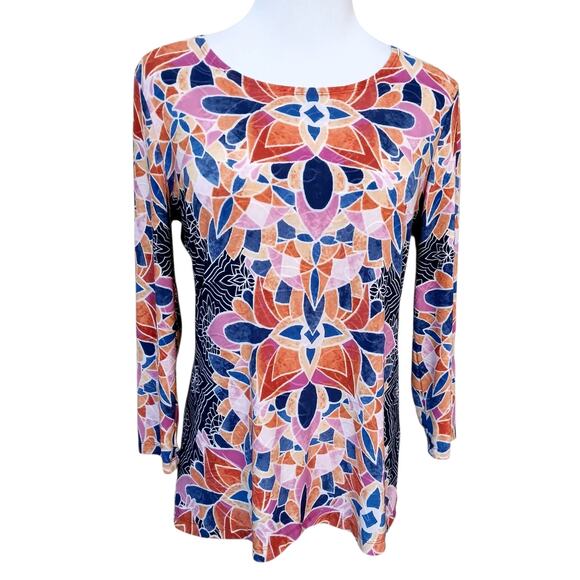 JM COLLECTION Slink Top Blouse Small Colorful Stained Glass Career Office Travel - Picture 1 of 8